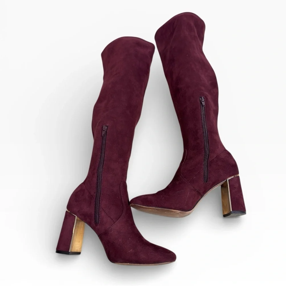 BCBGeneration Aliana Burgundy Over The Knee Stretch Boots Gold Heel Womens US 8